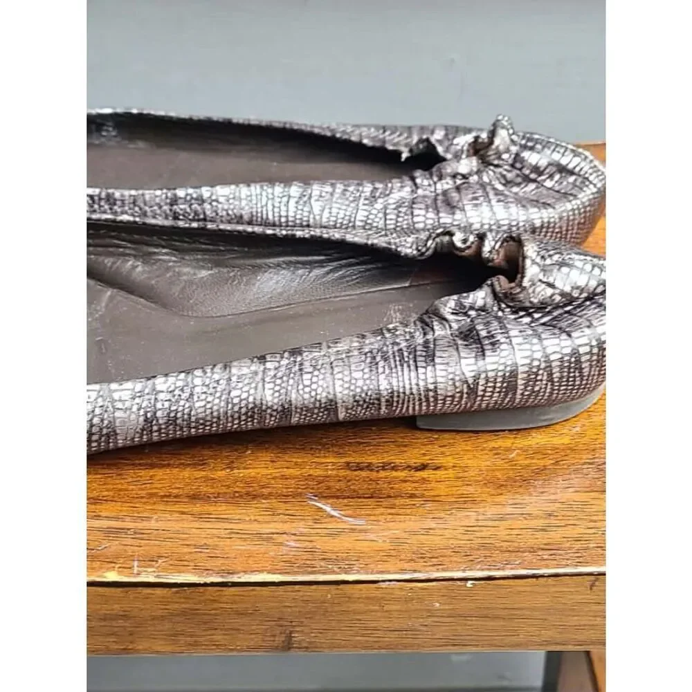 Tory Burch Reva Black Silver Snake Print Leather Ballet Flats size 8M